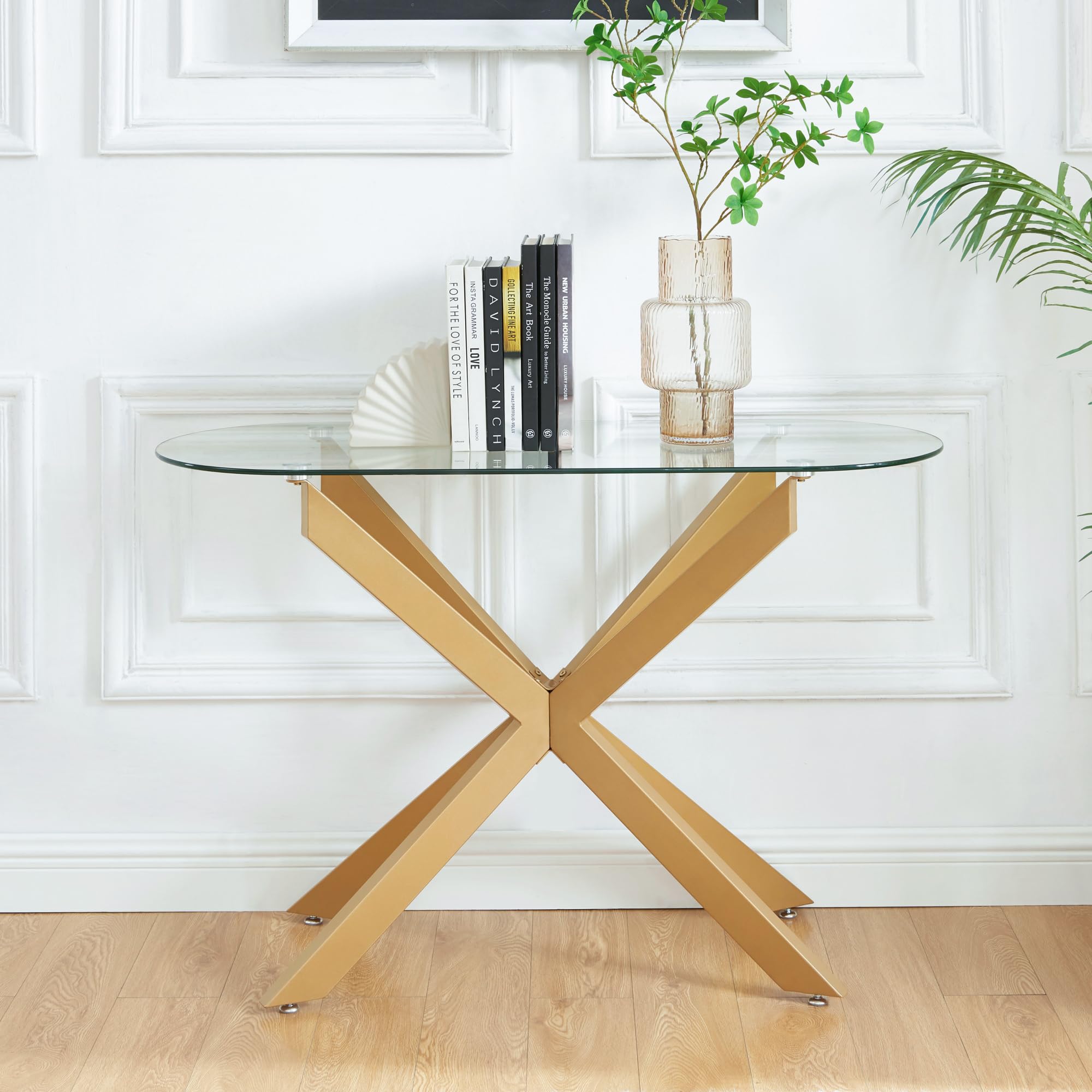 テーブル　　ゴールド Amazon.com: Gold Glass Oval Console Table, Modern Style Entryway
